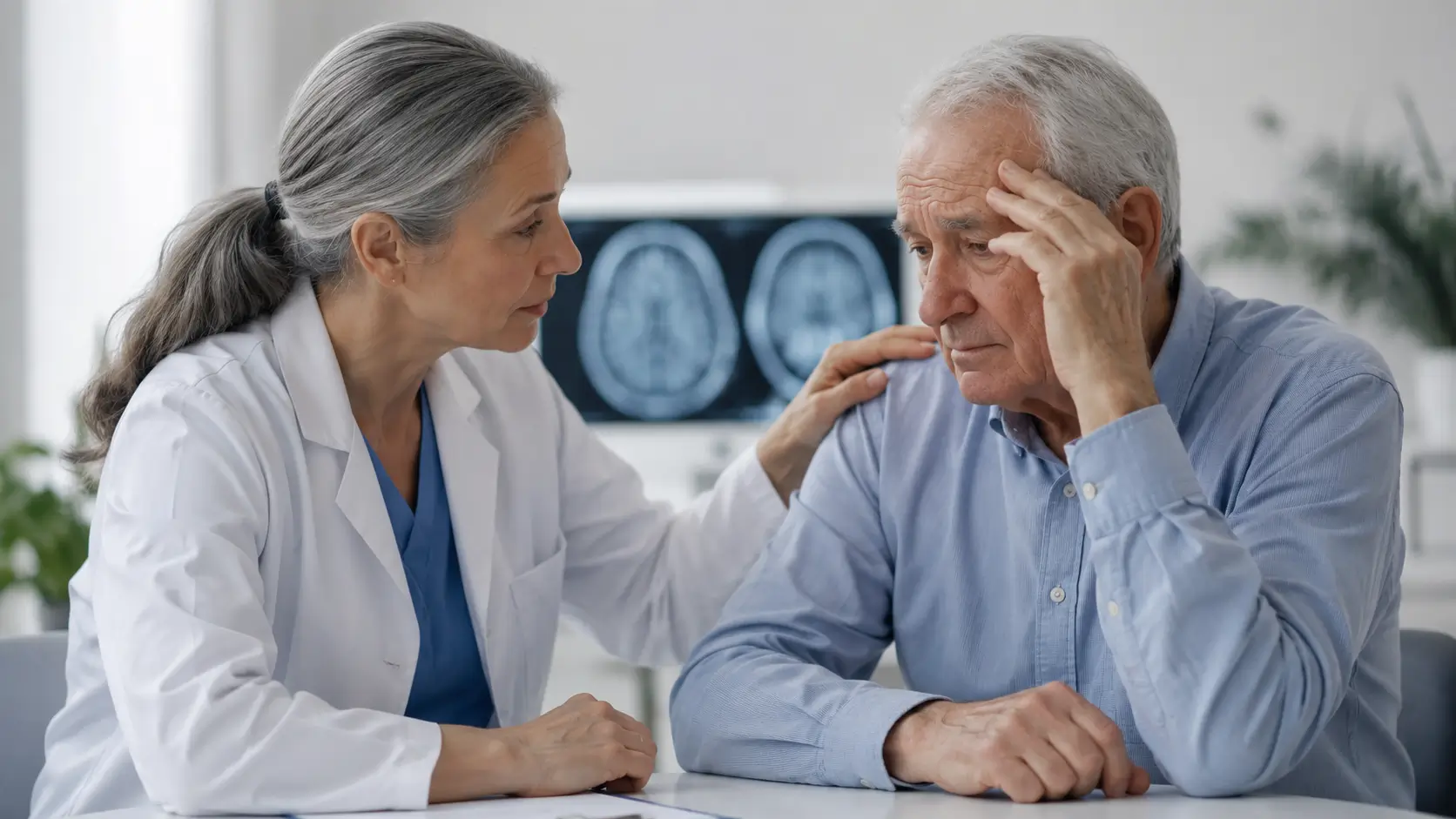 Consulta médica sobre Alzheimer, depresión y salud mental en adultos mayores. Médica brinda apoyo a un adulto mayor durante una consulta sobre salud cognitiva y bienestar mental en un entorno clínico.